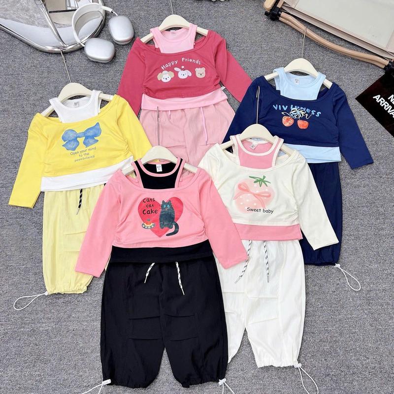   Bongkids  - BK58 - Set bộ bé gái áo cotton dài tay mix quần gió suông kiểu dáng cá tính dễ thương cho bé có sz từ 10 - 30kg 