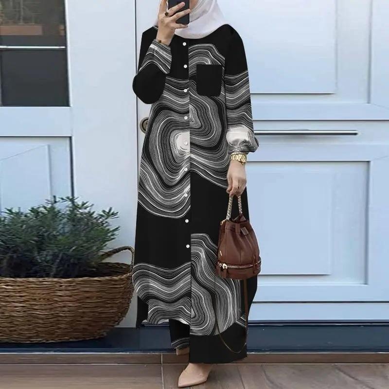 Product Introduction of Fashion printed robe set, women's long sleeved button up shirt and pants two-piece set 5
