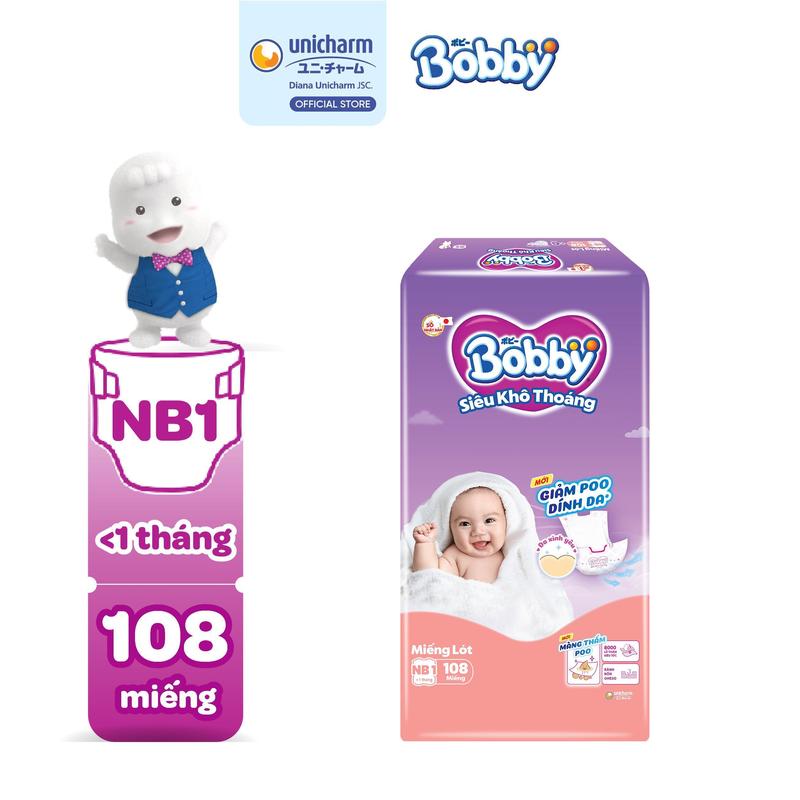 Bobby Miếng lót sơ sinh Newborn 1 - NB1 (108 miếng/64 miếng/28 miếng) Siêu khô thoáng (bao bì ngẫu nhiên)