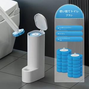 使い捨てトイレブラシ（交換ヘッド12個＋ホルダー付き）、プラスチック製バスルーム掃除セット、ソフトな毛、死角なし、ベース付き、吊り下げ可能デザイン、効率的な汚染除去用