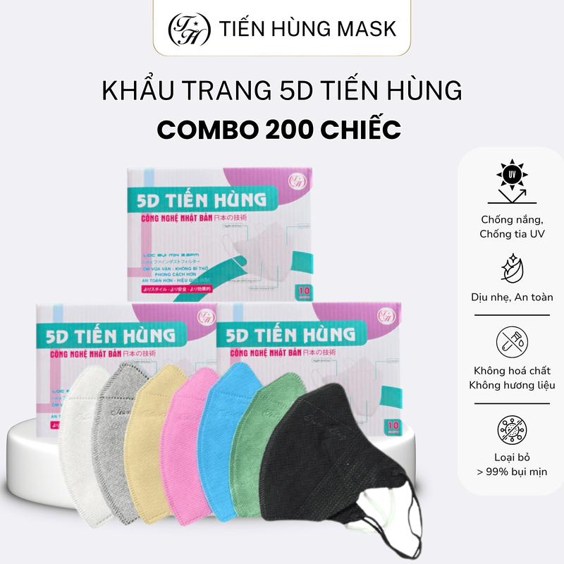 Combo 200 Chiếc Khẩu Trang Tiến Hùng 3 Lớp 5D Túi Zip, Dày Dặn, Thoáng Khí, Lọc Bụi Mịn, chống tia uv .