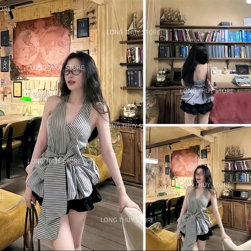 Sét Aó Yếm Có Đệm Kẻ Bồng Mix Chân Váy Ngắn 3 Tầng - Long Thủy Store
