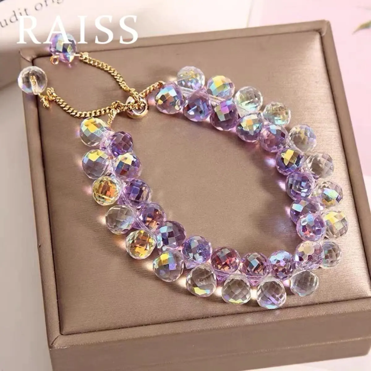 Gelang Tangan Kristal, Warna Ungu Champagne, Fesyen Wanita, Gelang Dua Lapisan, Manik Boleh Laras, Sesuai untuk Gadis, Gelang Fesyen