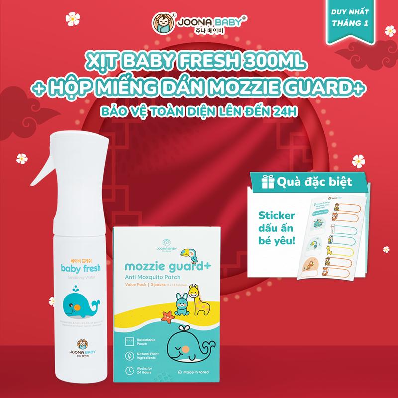  Combo xịt đa năng Baby Fresh giúp khử khuẩn khử mùi phòng bệnh cho bé 300ml và miếng dán chống muỗi Mozzie Guard+ - JOONA BABY 