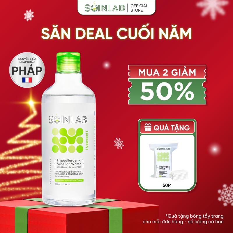  |MUA 2 GIẢM 50% - TẶNG BÔNG TẨY TRANG| Nước tẩy trang SOINLAB làm sạch dịu da Hypoallergenic Micellar Water With Gluconolactone PHA 500ml 100ml SOIN01 SOIN02 