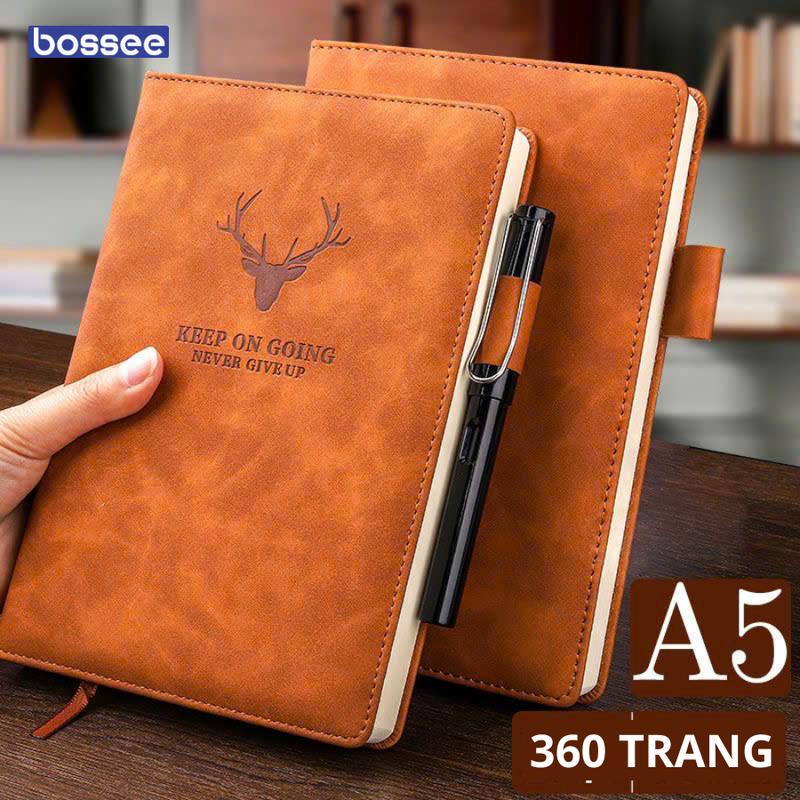 Tặng kèm bút Sổ tay da loại 1 dành cho giáo viên văn phòng kích thước A5 tiện lợi vở ghi chép cầm tay 360 trang giáy dày chống thấm black leather muji planner sổ tay
