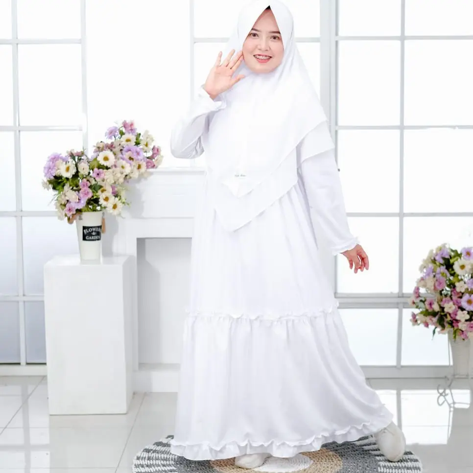Baju Gamis Wanita Muslim Dewasa Muslimah Polos Putih Bersih Manasik Haji Couple Pasangan Ibu Dan Anak Perempuan Set Hijab Syari Katun Toyobo Fodu Keluarga Lebaran Dress Ceruty