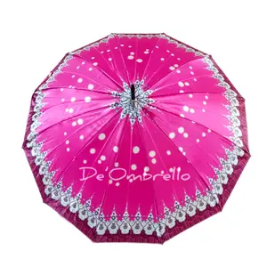 (083)Payung 12 jari bahan saten motif  kembang campur & gagang emas Premium Quality Umbrella