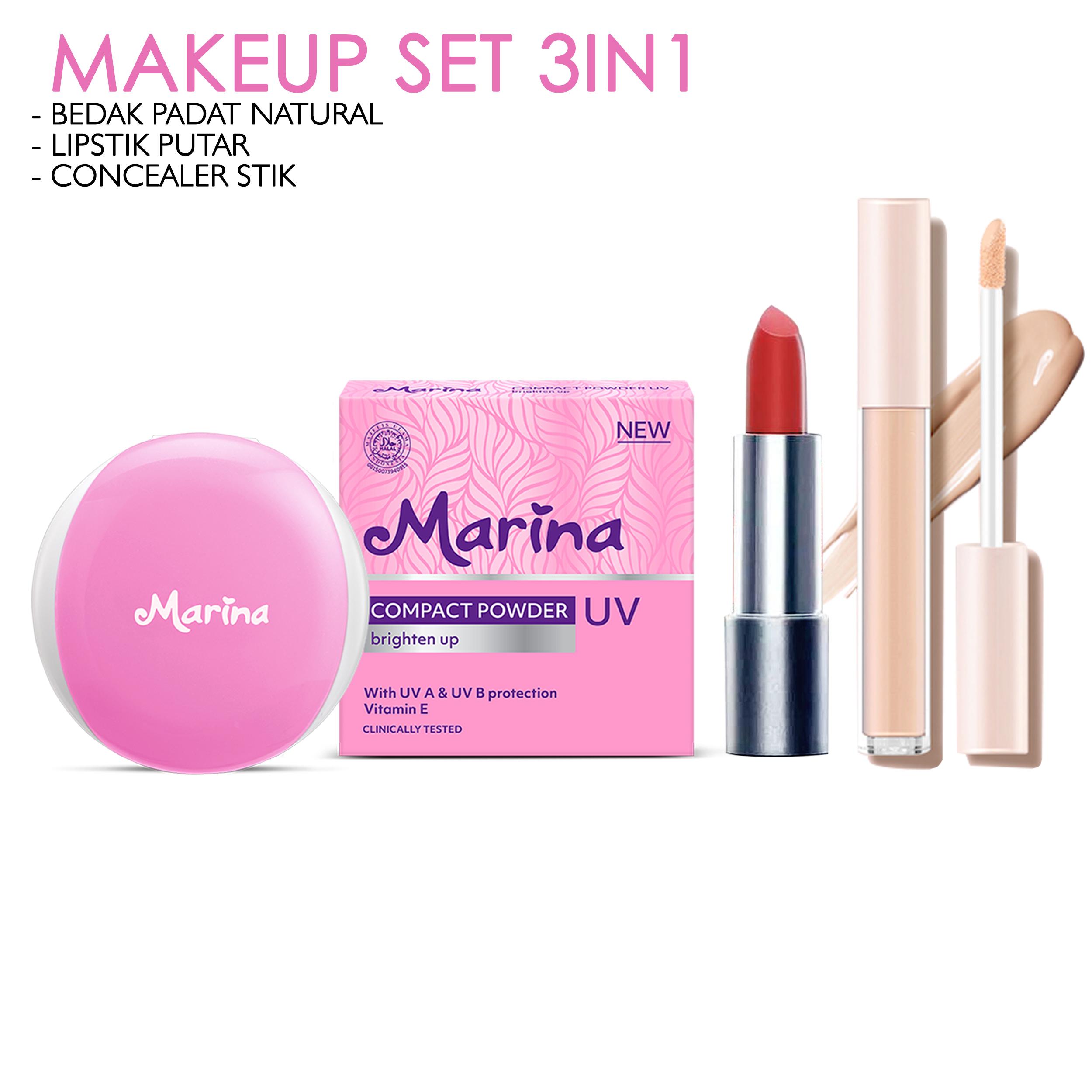 Makeup Set Wajah 3in1 Bedak Padat Marina Lipstik Putar dan Concealer Stik Paket Kosmetik Eyeshadow