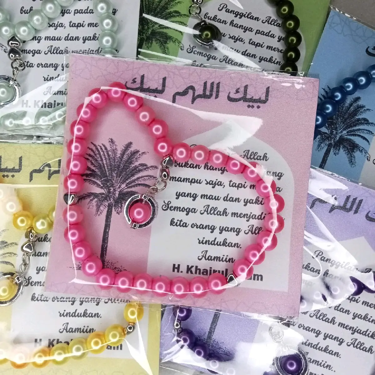 (ISI 25 PCS) Oleh-oleh haji dan umroh tasbih mutiara premium Souvenir pernikahan, haul, tahlilan, aqiqah, ultah, lahiran, pengajian dll kemas plastik kaca dan kartu ucapan bisa request nama digital