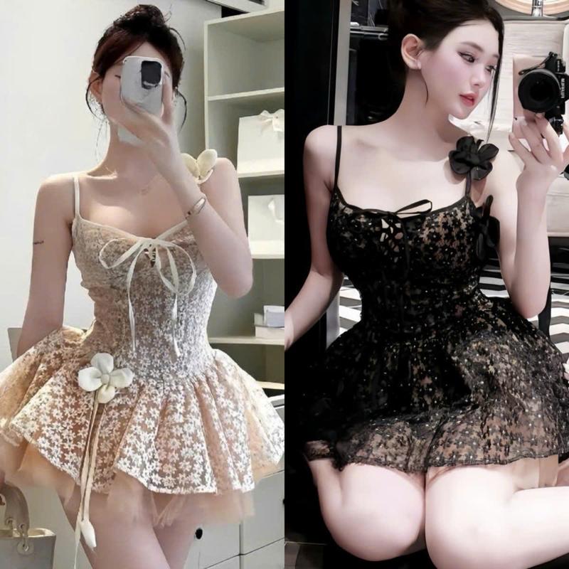  Đầm Váy Nữ Ren Hoa Phối Lưới Thiết Kế 2 Dây Cổ Vuông Có Mút Có Lót From Ngắn Dáng Xòe Xinh Xắn Sang Chảnh Dành Cho Nàng Di Chơi Di Tiệc Freesize 43kg-55kg 