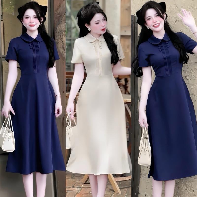  Mijustore M05 Váy liền thân dáng dài cổ sen phối cúc đầm kiểu nữ xếp ly ngực tiểu thư thiết kế độc đáo thanh lịch và nữ tính 