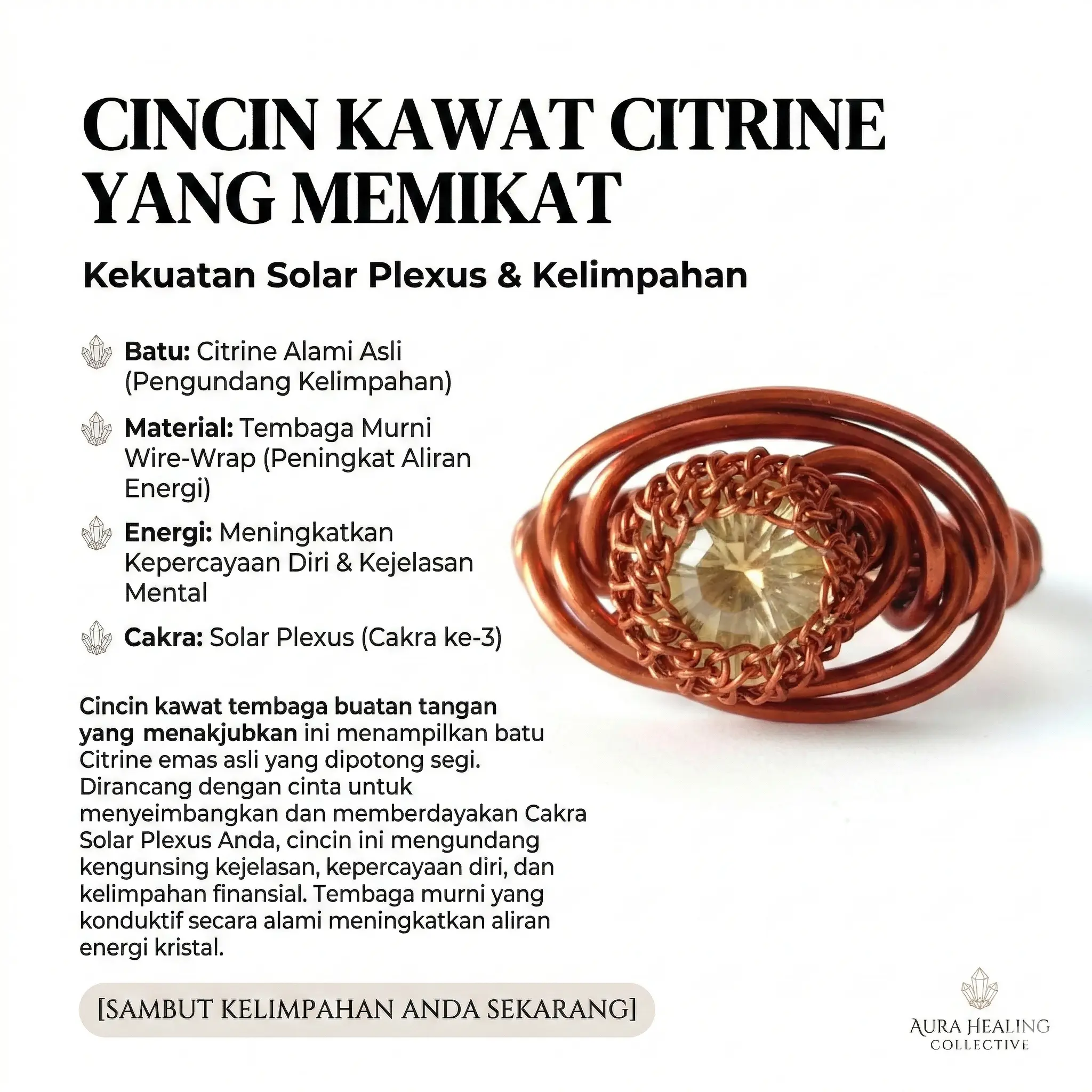 Cincin Citrine Asli Kawat Tembaga Murni - Cincin Healing Kristal Penarik Rezeki & Kepercayaan Diri