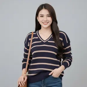 ATASAN RAJUT SWEATER GARIS LURIK STRIPE Dara Sweater Atasan Motif Salur Kerah Vneck  Wanita Panjang Casual Dewasa Knitwear Baju Top Cewek Tebal