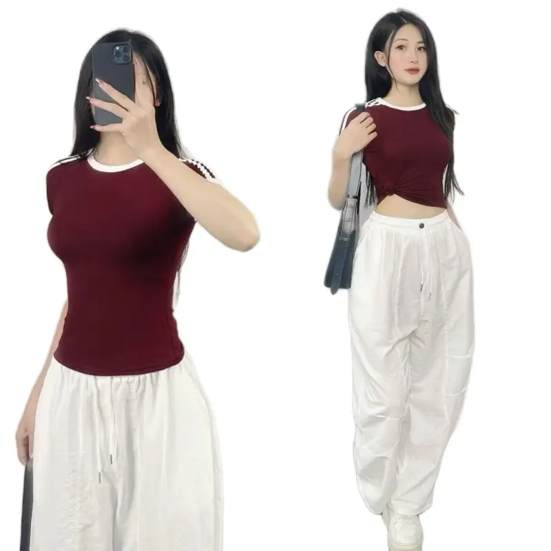 ￼Áo thun cộc tay nữ cổ tròn dáng ôm phối viền chất Thun Cotton Bigsize, Áo thun cộc tay nữ phối viền 4