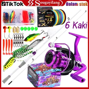 Sougayilang [COD] Set Pancing Batang Putar 1,8M/6FT dan Rasio Roda Gigi 5,2:1 Gulungan Berputar dengan 1 Set Aksesoris dan 1 buah jalur PE 100M Set Pancing Berputar untuk Air Tawar dan Air Asin, Tongkat, Reel, Indonesia Spot