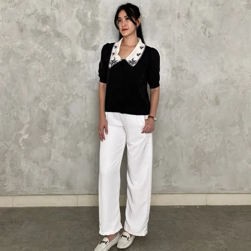 Hikari Top (Best Selling Top DearSista) Atasan Wanita Korean Style Hitam Stylish Kekinian Imut Lengan Pendek Baju Bordir Casual Kancing Street Style White Katun Kerah Nyaman Panjang Polyester Putih High Simple Cantik Tangan 5