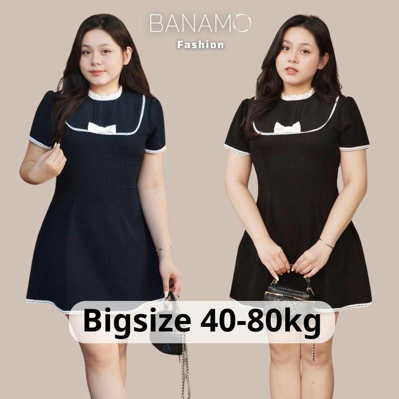 Đầm nữ thiết kế BIGSIZE Banamo Fashion váy cộc tay cổ ren phối nơ viên bèo tiểu thư thanh lịch 533
