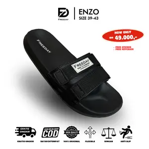 ENZO Freeday Sendal Gunung Pria Black Original Slides Sandal Shoes Selop Kasual Flatbed Docmart Tactical Jepit Size 39-43 Anti Slip Flexible Single-Bandage Neo Leather