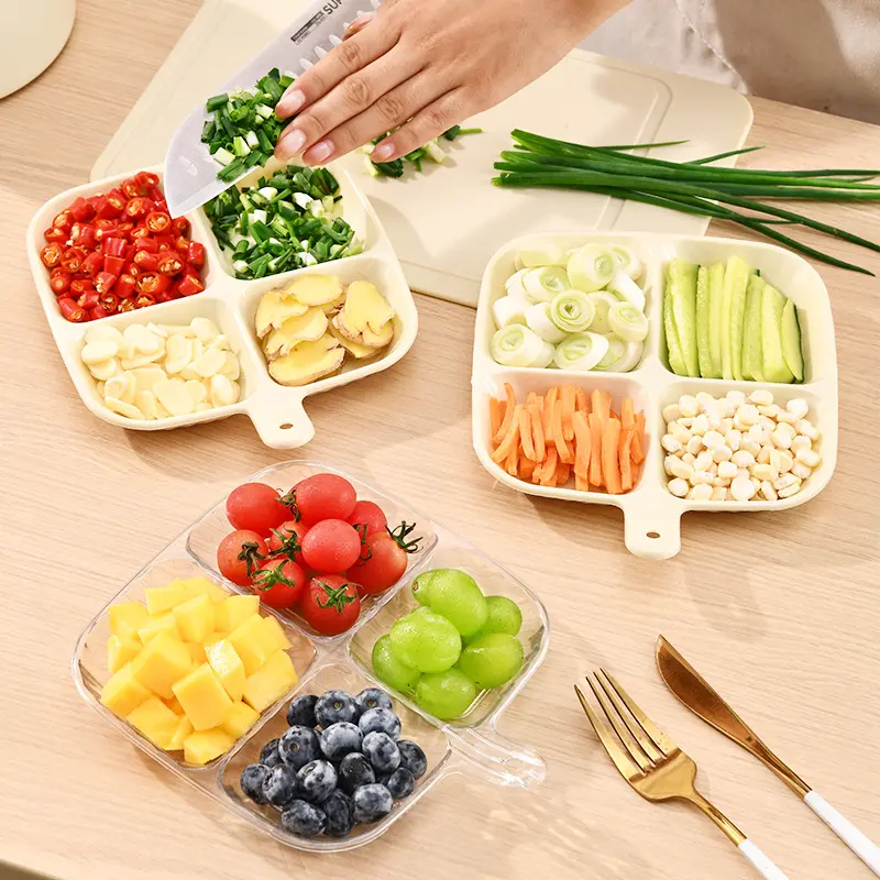 Home with handle four division kitchen side dish Children's snack fruit plate multi-functional portable hanging plate