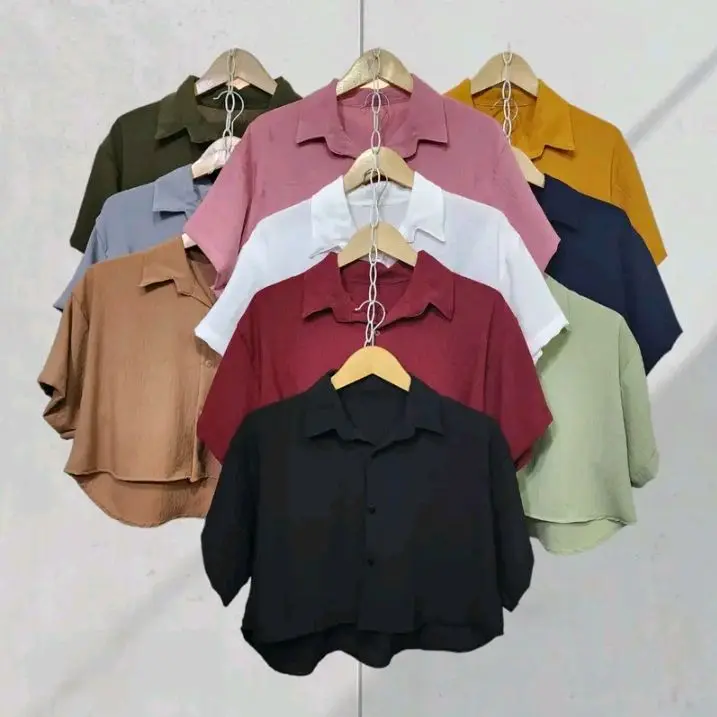 kemeja crinkle crop wanita atasan oversize top ld120 tshirt trendy busui& friendly cod V- neck polos crinkle