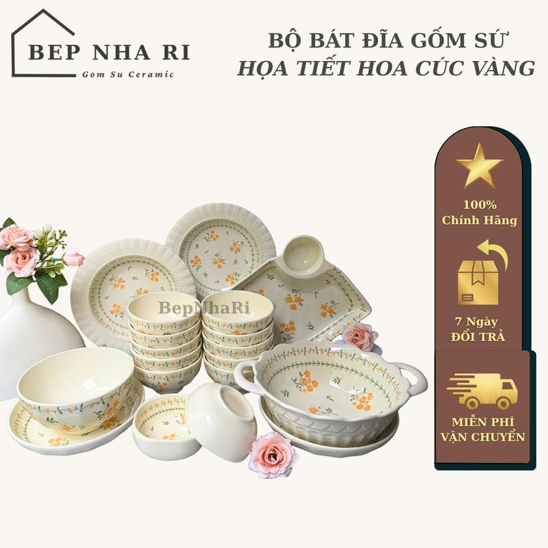    BepNhaRi   Bộ Bát Đĩa Gốm Sứ Họa Tiết Hoa Cúc Vàng - Tượng Trưng cho sự trường thọ phú quý và may mắn 