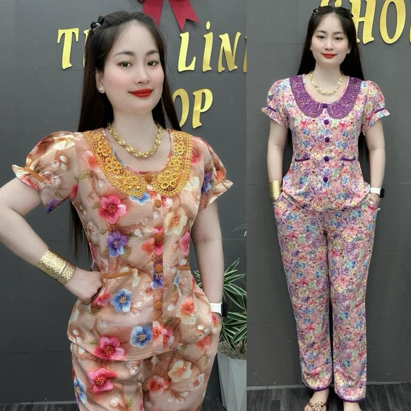  ĐỒ BỘ CỔ REN TIỂU THƯ,TAY PHÒNG VẢI LỤA MANGO QUẦN DÀI,SIZE 45-70KG Lụa 