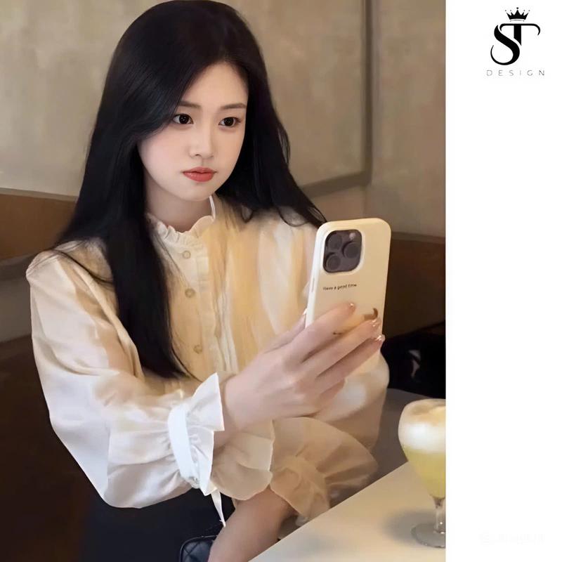  Áo sơ mi MÀU TRẮNG KEM tay bồng viền bèo tiểu thư phong cách thanh lịch trẻ trung- chất Tơ cao cấp nhập từ QC - ST Design - S07 