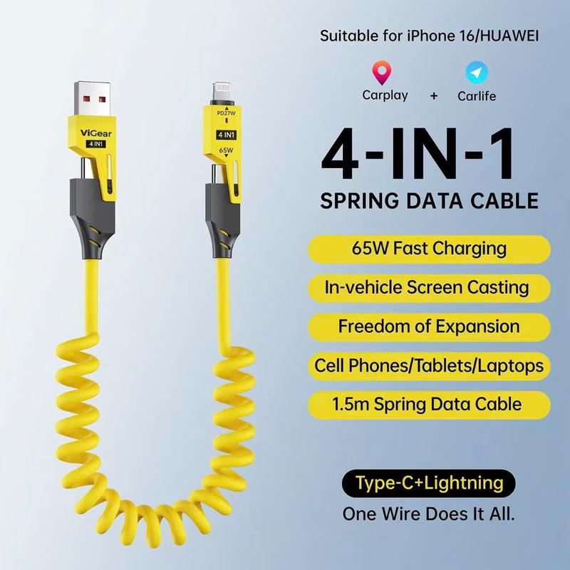 [TTMS] Cáp Sạc Lò Xo Đa Năng 4 Trong 1 ViGear Siêu Tiện Lợi dành cho điện thoại, iPad,..., Kéo Dài 1.5m, Sạc Nhanh Chuẩn PD C-L 27W, C-C 65W