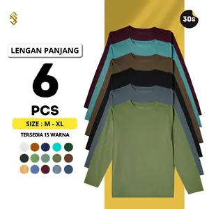 PROMO 6 PCS Kaos Lengan Panjang Polos Pria Wanita Oneck Regular Fit Casual T-Shirt Unisex | Basic longsleeve,Oblong Baju Atasan Distro Dewasa Poly cotton 30s Cowok Cewek