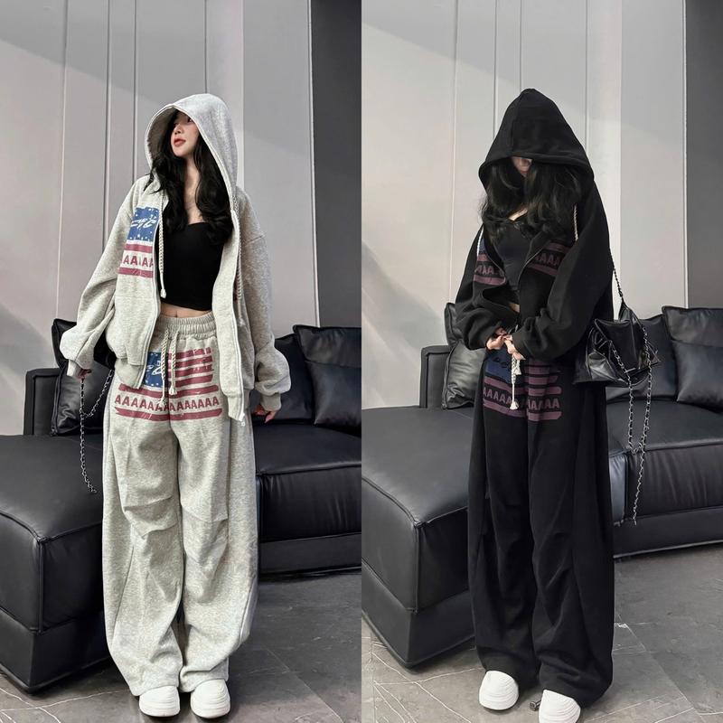 Set Bộ Áo Cờ Khóa Mũ Thụng Hoodie Quần Ống Boom Dây Rút Top Nữ Women Đen Ghi TTN199