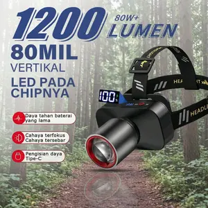 Senter Kepala Super Terang Anti Air Senter Kepala Zoom 1200 Lumen Rechargeable Dengan USB-C