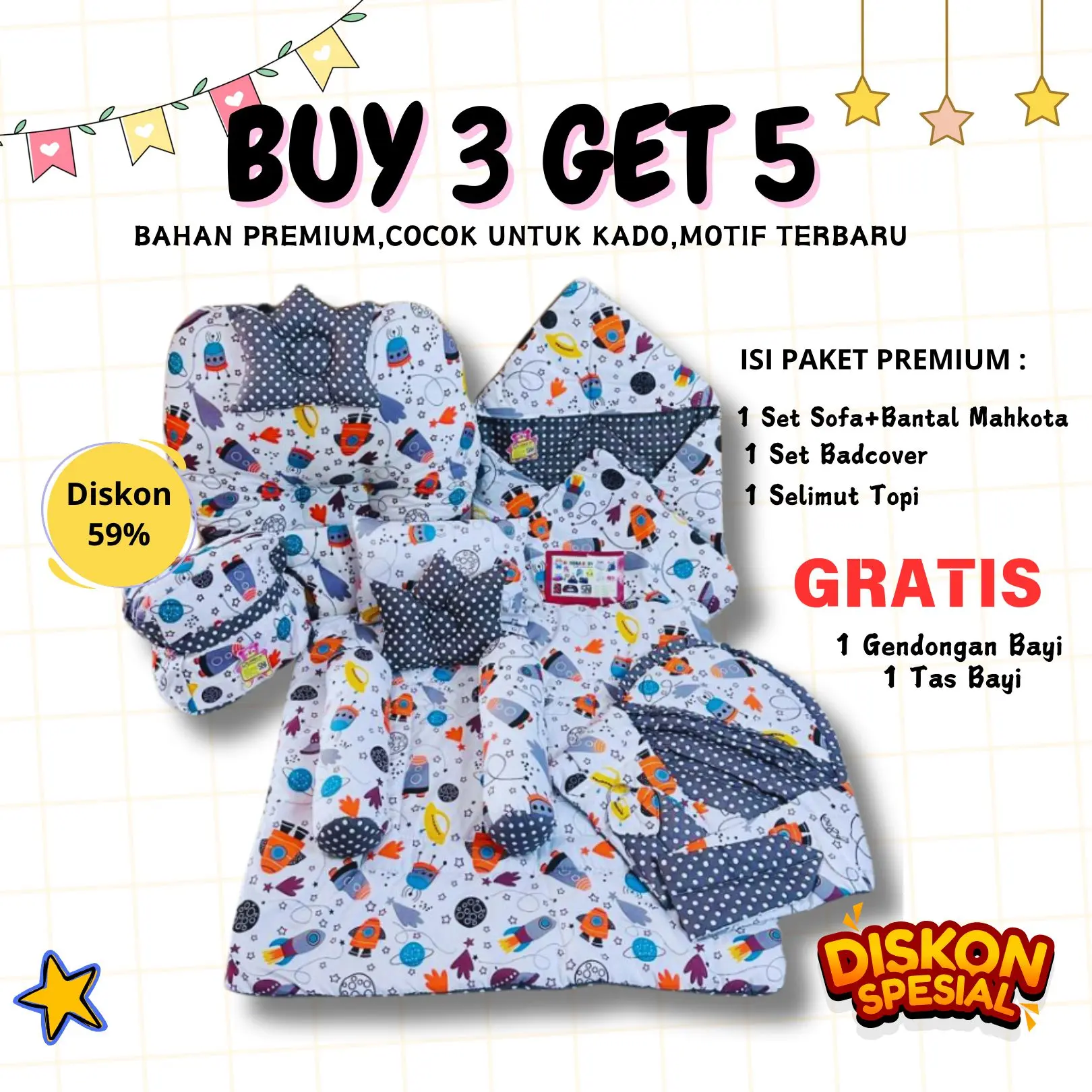 Paket Hemat BUY 3 GET 5 - Sofa Bayi Jumbo Badcover,Selimut,Gendongan,Tas tempat