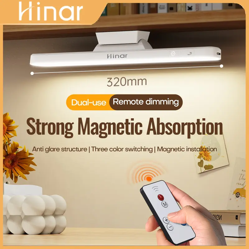 HINAR 32CM Hanging Magnetic LED LIGHT ANTI-BLUE LIGHT HAZARDS USB USE- PLUG AND PLAY MULTIPLE POWER SUPPLY METHODS MOVEABLE LIGHT with remote controller Stepless Dimming Desk Lamp Cabinet Light Night Light