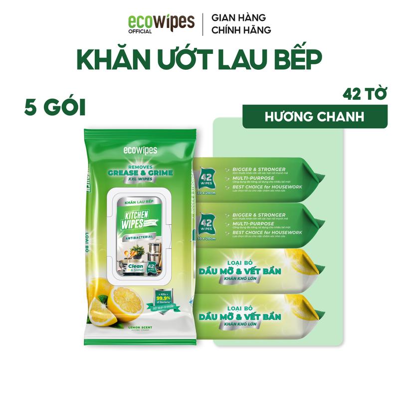  Thùng 5 gói khăn ướt lau bếp cao cấp Kitchen EcoWipes gói 42 tờ hương chanh khử mùi diệt khuẩn 