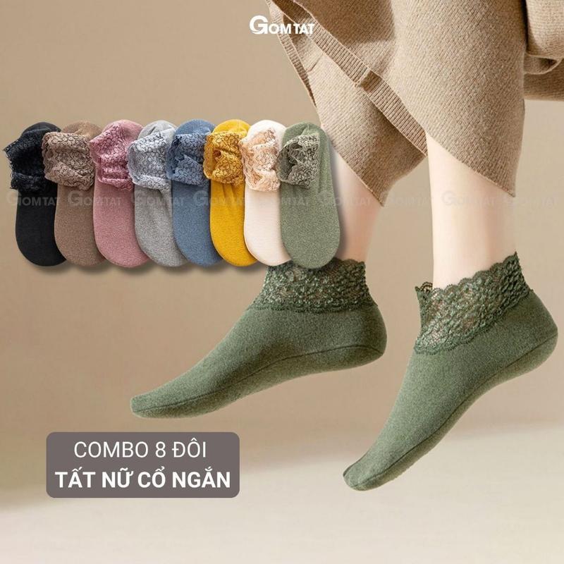 Set 8 đôi tất ren nữ cổ ngắn chất liệu sợi poly cao cấp mềm mịn  Voi , vớ cổ ren giữ ấm bàn chân khử mùi  Women  - D16-A065