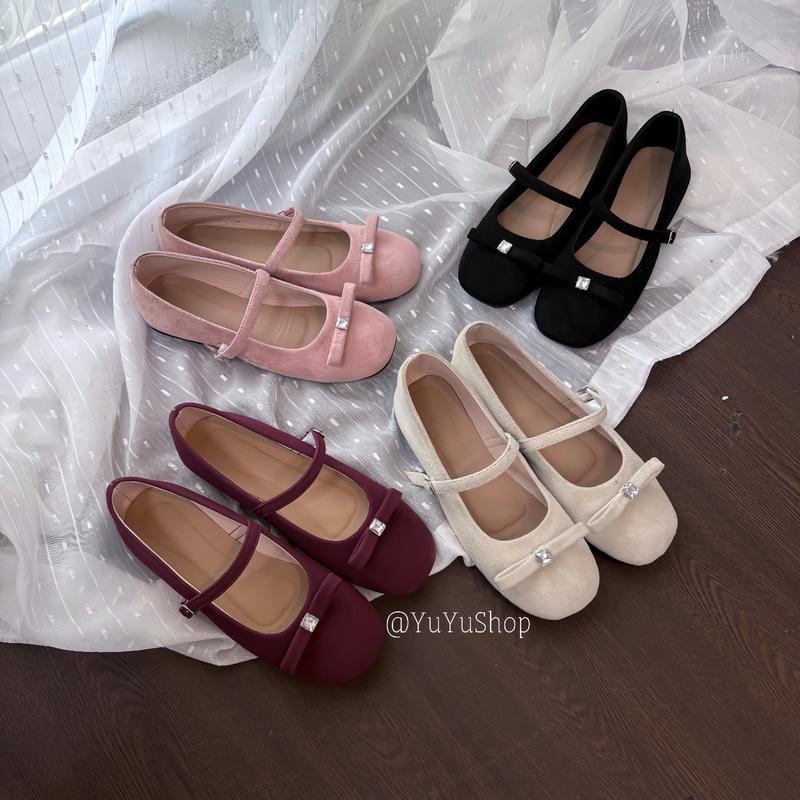 5598-GẦY MẢNH LÙI SZ Giày nữ đế bệt chất da lộn phối nơ cham đá thiết kế mềm êm chân