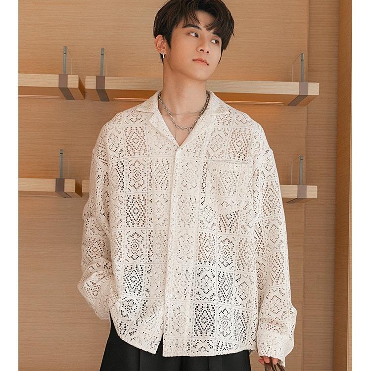 Áo Sơ mi ren nam tay dài cổ vest xuyên thấu sexy form rộng