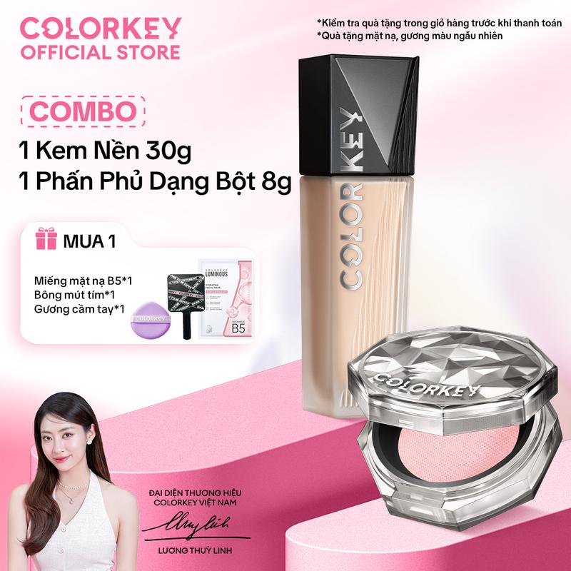 [OFFICIAL] Combo 1 Kem Nền COLORKEY 30g Kiềm Dầu + 1 Phấn Phủ Dạng Bột 8g Siêu Mịn Cho Lớp Trang Điểm Lì Mỏng Nhẹ, Tự Nhiên, Không Dễ Xỉn Màu