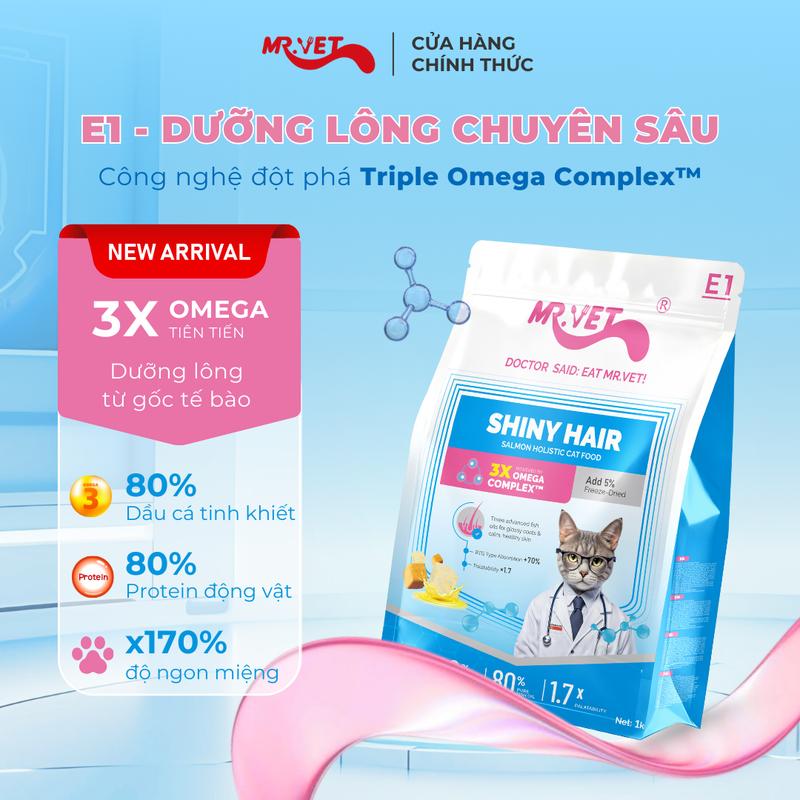   THỨC ĂN CHO MÈO  Hạt Holistic Mr.Vet Thế hệ E1 Dưỡng lông chuyên sâu Túi 1kg với 30% protein có topping sấy khô Gà & Dầu cá cho mèo con mèo trưởng thành 
