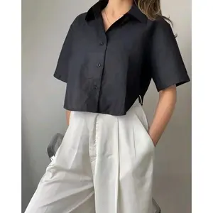 Kemeja Crop Top Katun Linen Biru Lengan Pendek Wanita Oversize - Jolie Atasan Kemeja Crop Top - Baju Santai Panjang Blouse 45 Cm Lingkar Dada 110 Cm High Kain