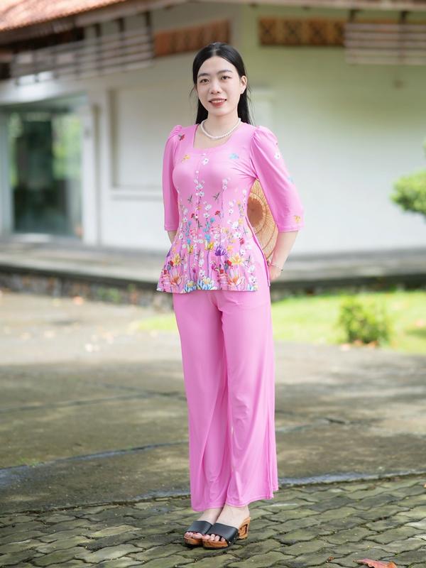 Bộ Quần Áo Bà Ba Tay Lỡ Cổ Vuông, In Hoa Văn, Tay Phồng Quần Ống Rộng, Mềm Mại Đi Lễ, Du Xuân (NB-BBINCOVUONG) Nữ Thun