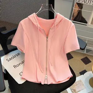 Kaos Lengan Pendek Berkerudung Ritsleting Ganda Merah Muda Atasan Fashion Wanita Gaya Korea Baju Tebal