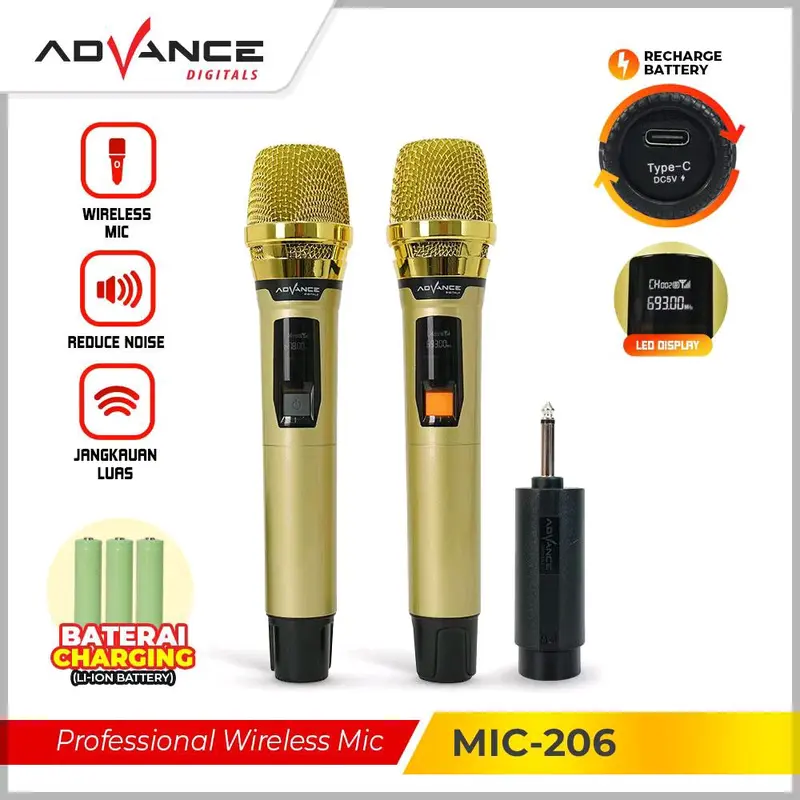 ￼ADVANCE Professional Microphone MIC-206 Mic Wireless Mikrofon Gold Bisa di Charger [Garansi 1 Tahun] 0