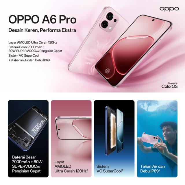 OPPO A6 Pro 5G 8GB/256GB Smartphone [AMOLED Ultra Cerah 120Hz, 7000mAh 80W SUPERVOOC, Sistem VC SuperCool, Ketahanan Air dan Debu IP69]