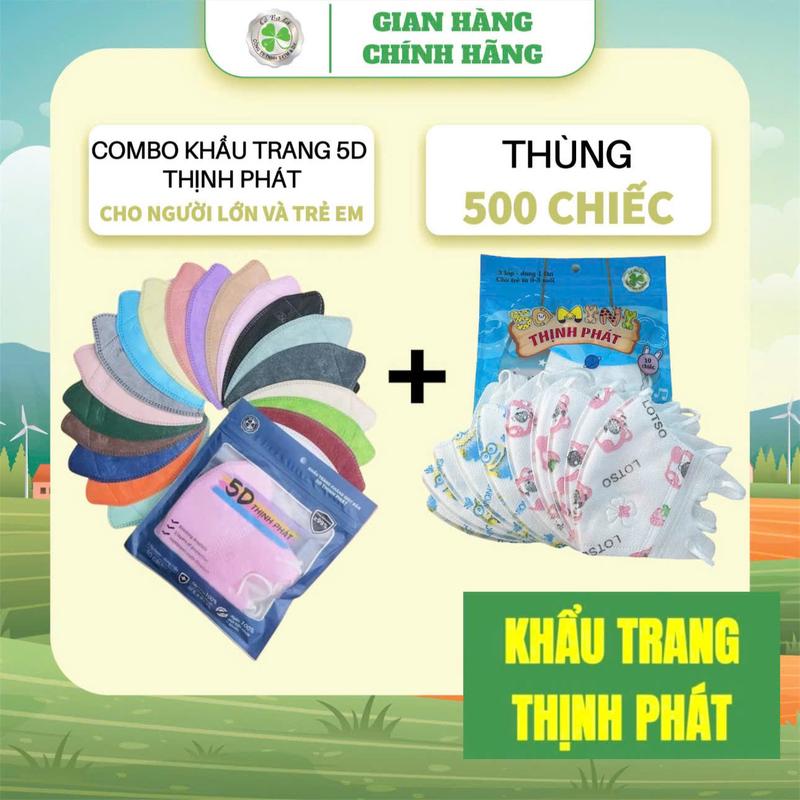 COMBO 400 CHIẾC KHẨU TRANG 5D THỊNH PHÁT + 100 CHIẾC KHẨU TRANG TRẺ EM
