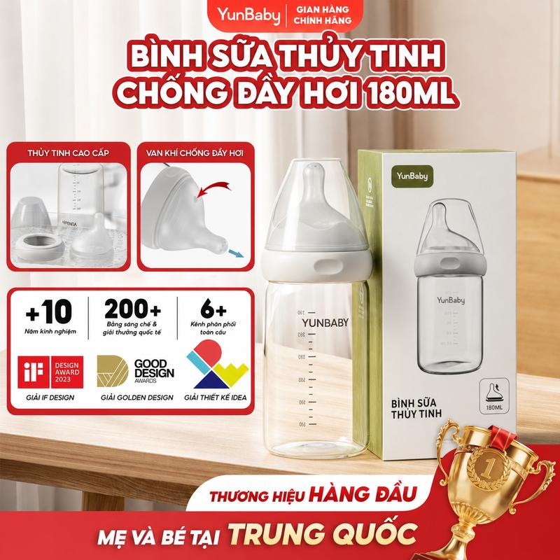 Bình sữa thủy tinh 180ml  Yunbaby P10 chất liệu an toàn không BPA thủy tinh borosilicate chịu nhiệt cao núm ti mềm như ti mẹ van thông khí chống đầy hơi silicon thực phẩm nhẹ bền toàn cho bé