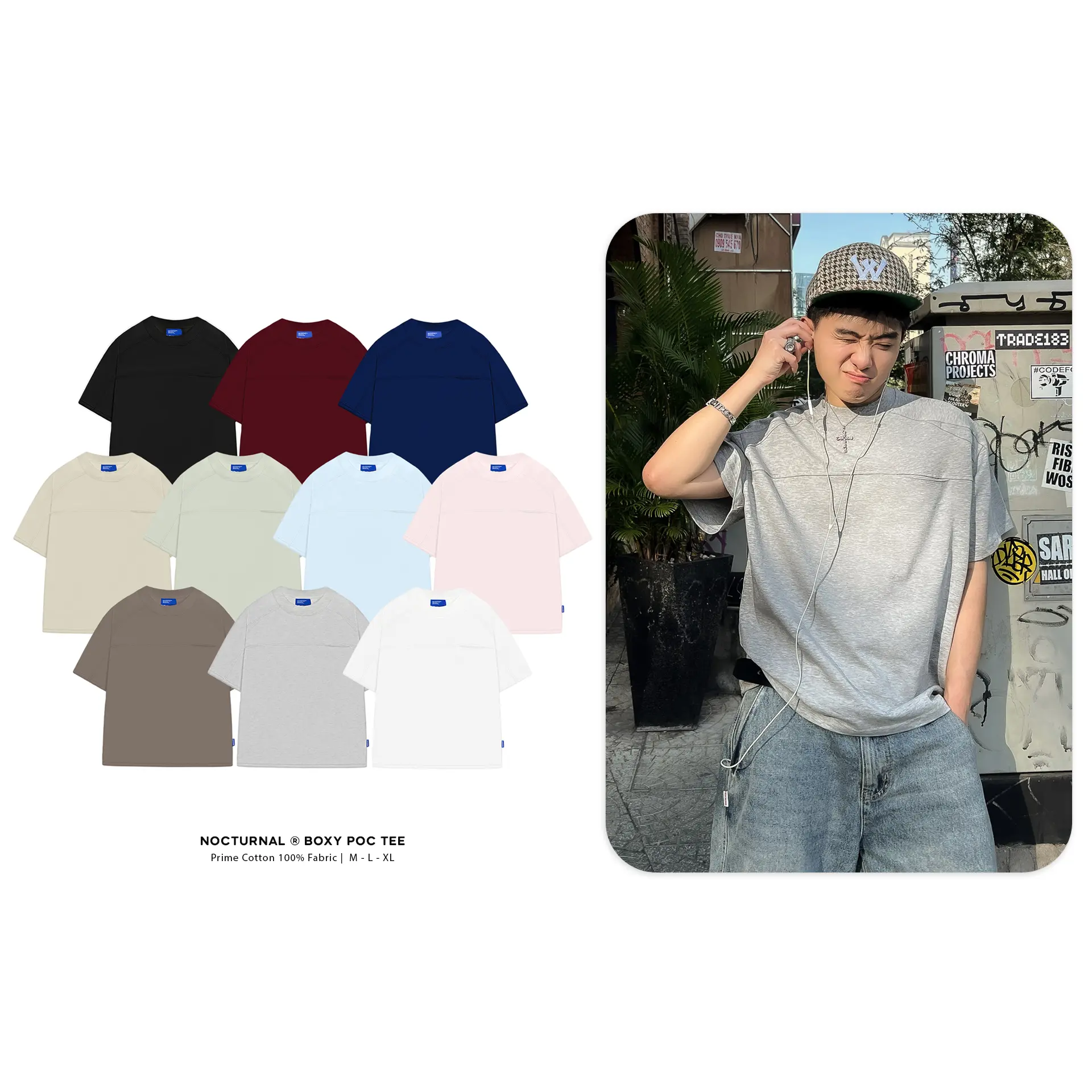 [BEST SELLER] Áo Thun Form Boxy NOCTURNAL Boxy Poc Tee Cotton 100% Thêu Chữ Màu Pastel Nam Nữ Unisex Localbrand