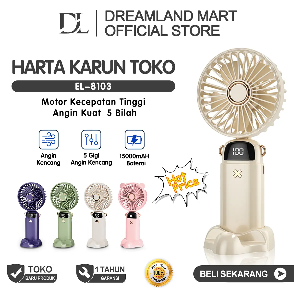 2025 Kipas Angin Portabel Lipat Mini usb 15000mah 5-Speed Wind/ Kipas Genggam Portabel LED Display Ponsel Biru Panjang
