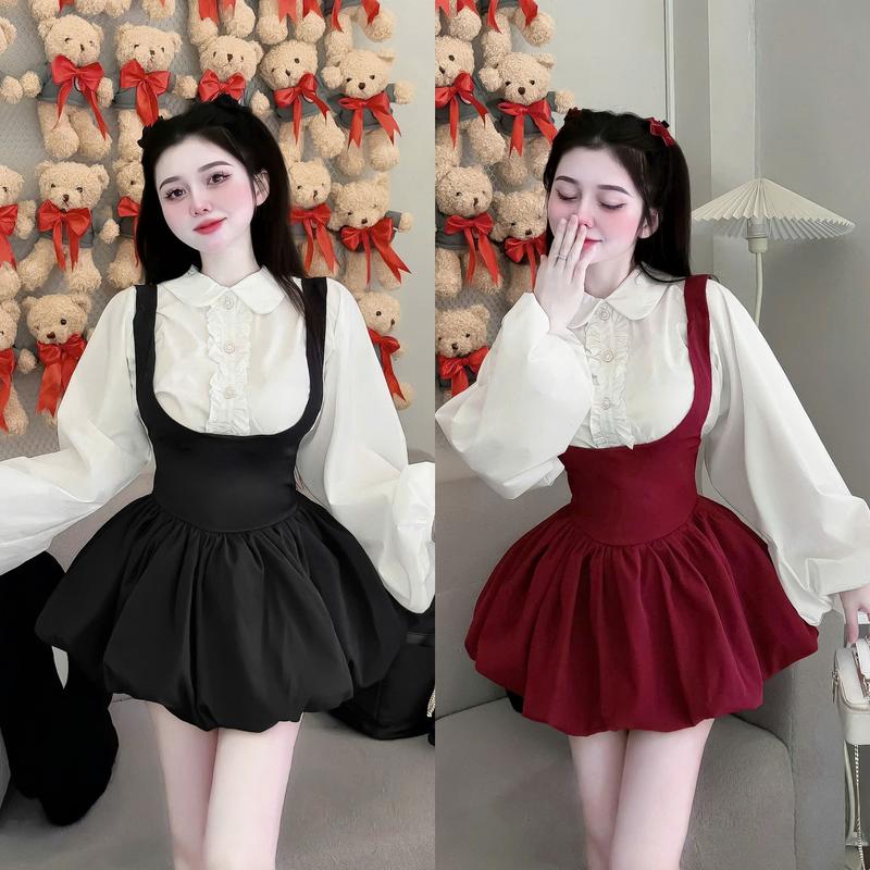  Set yếm nữ áo sơ mi cài nút thật tay dài phối bèo kèm yếm bí phồng sang chảnh dành cho các nàng diện đi chơi,đi tiệc. 